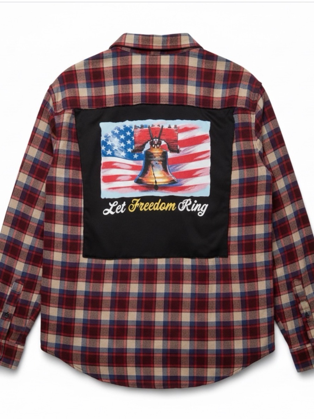 Eddie Bauer Red and Blue Plaid Button-Down Shirt with Patriotic Back Design